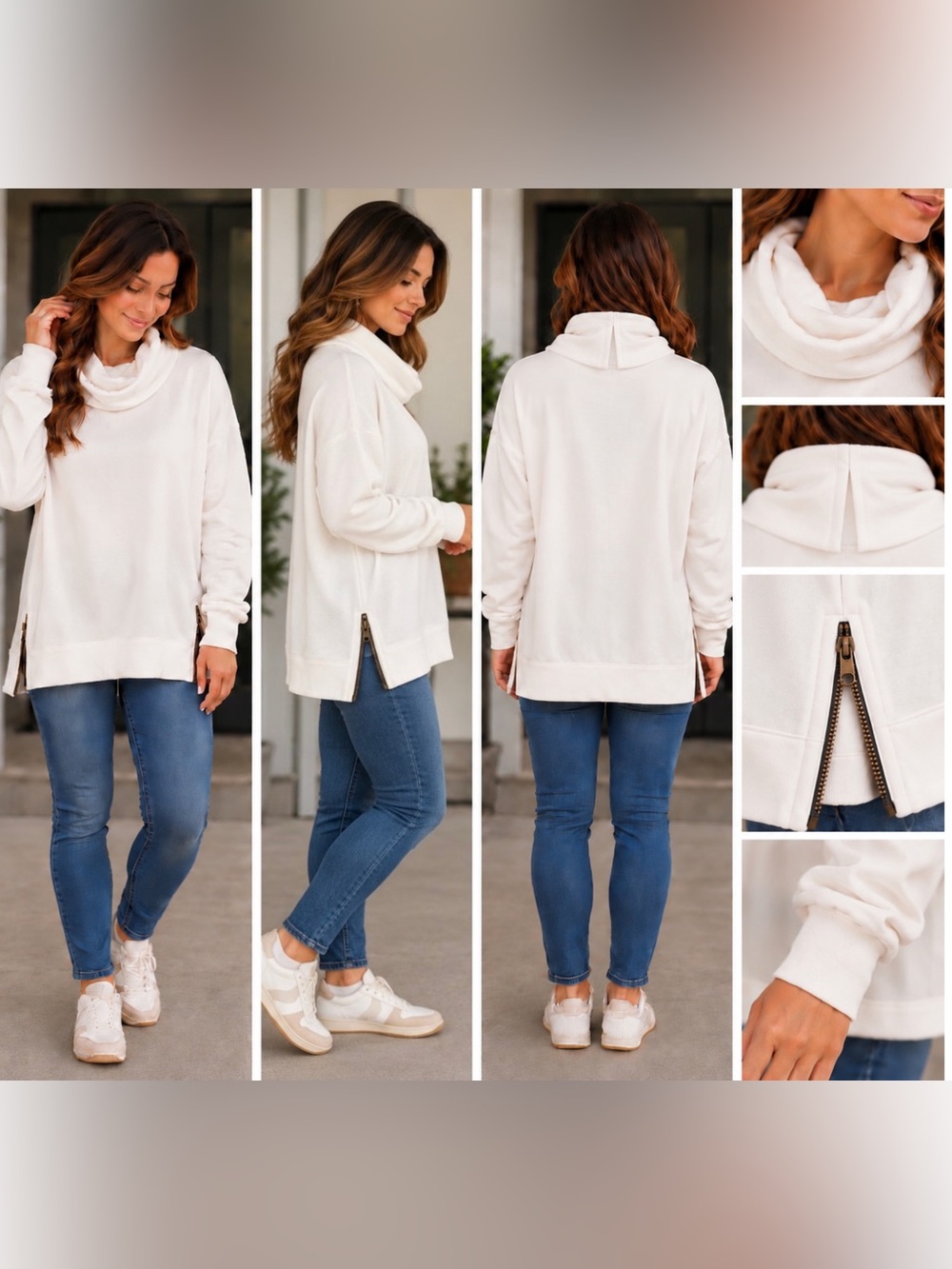 Women's White Cowl Neck Sweater with Zip Detail